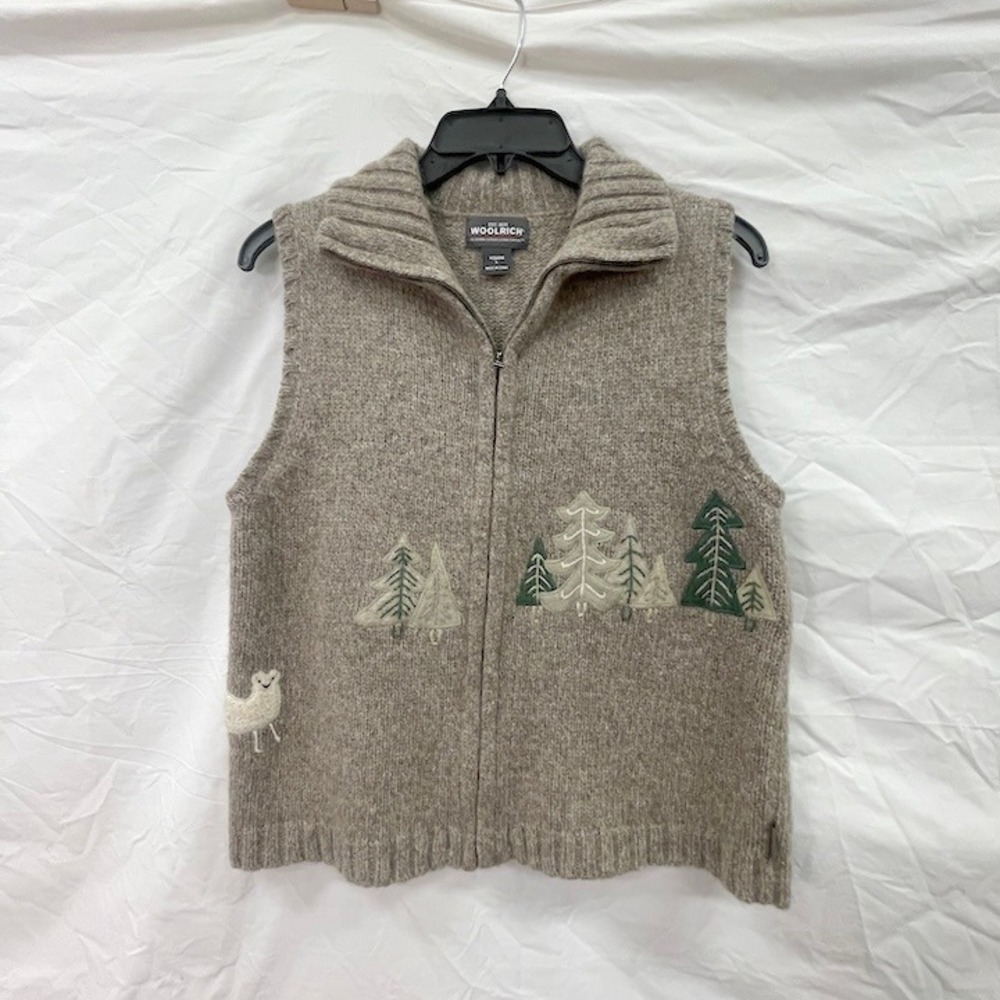 Woolrich Womens Large Knit Sweater Vest Brown Full Zip Pine Tree Sheep Gorpcore